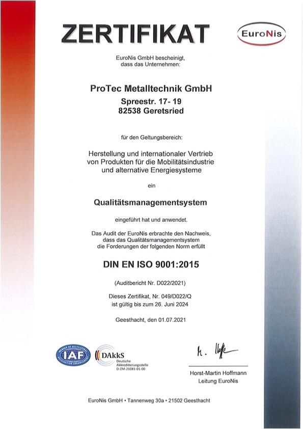 ProTec Metalltechnik DIN ISO 9001:2015